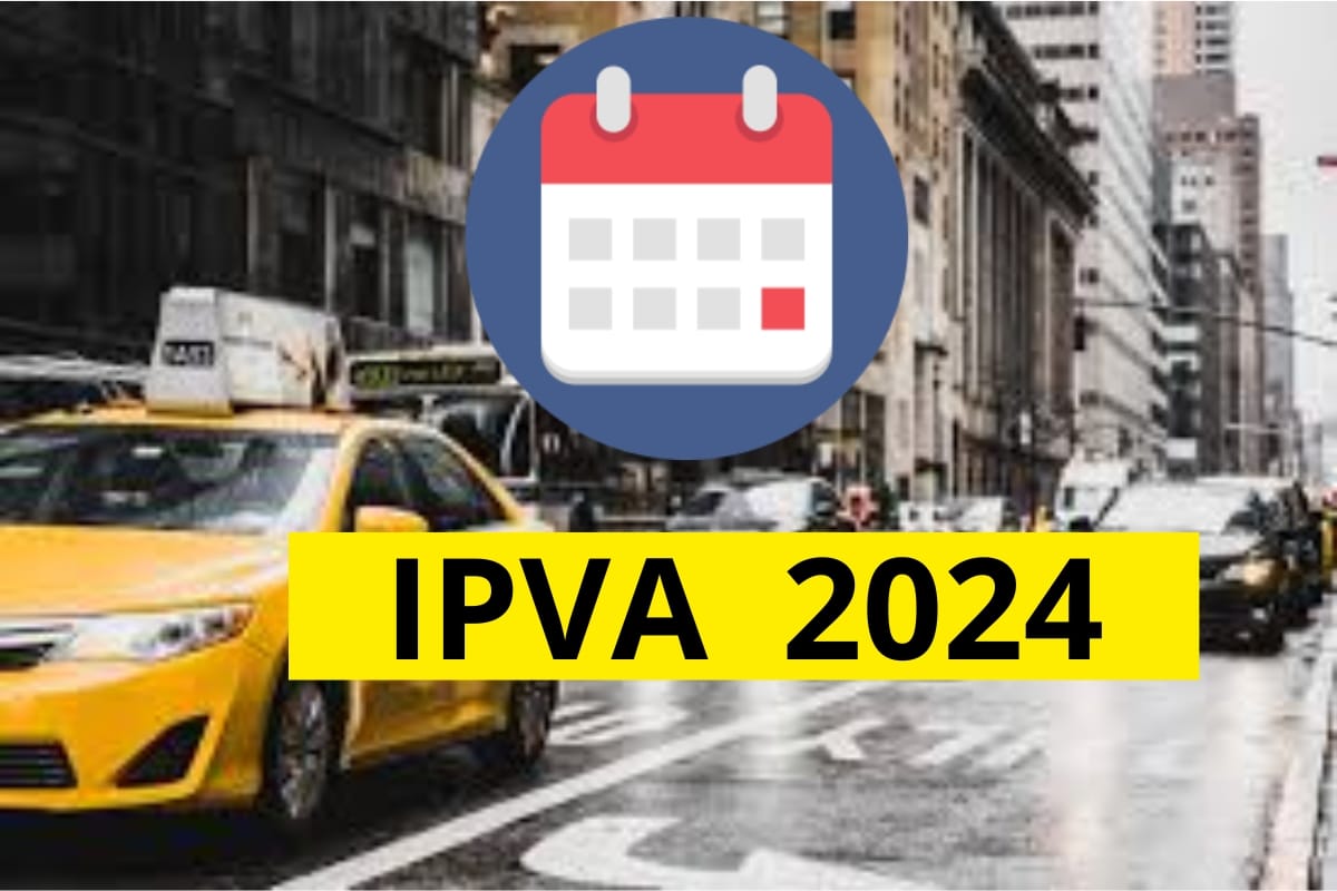 Táxi, rua movimentada, calendário, IPVA 2024.