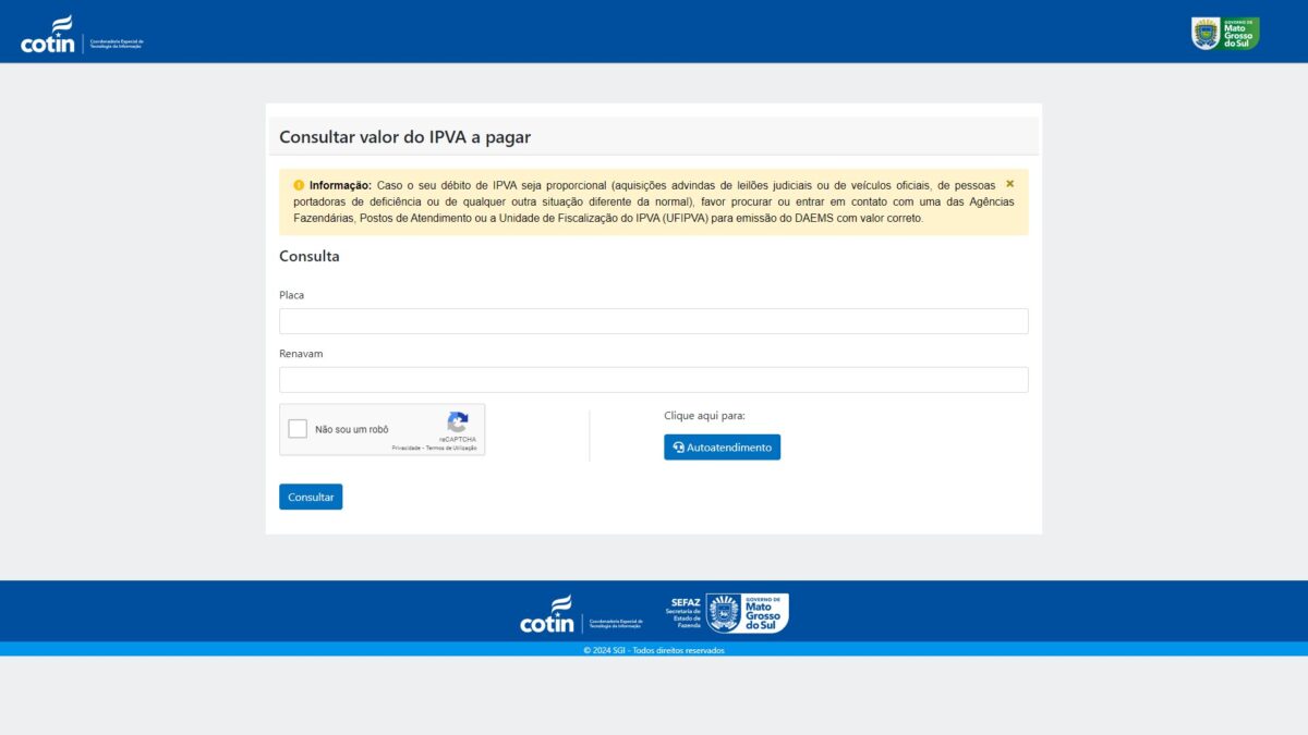 Tela de consulta IPVA em site governamental.