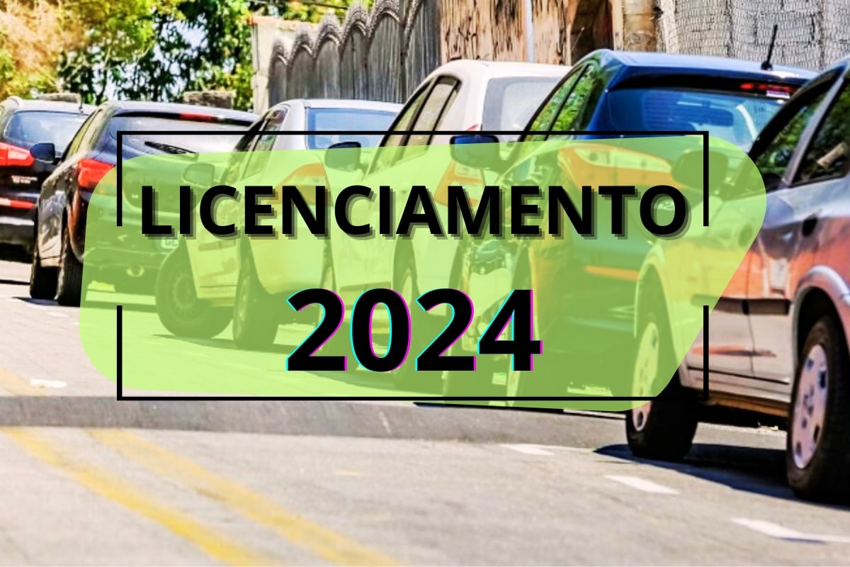 Carros estacionados, sobrepostos com texto "Licenciamento 2024".