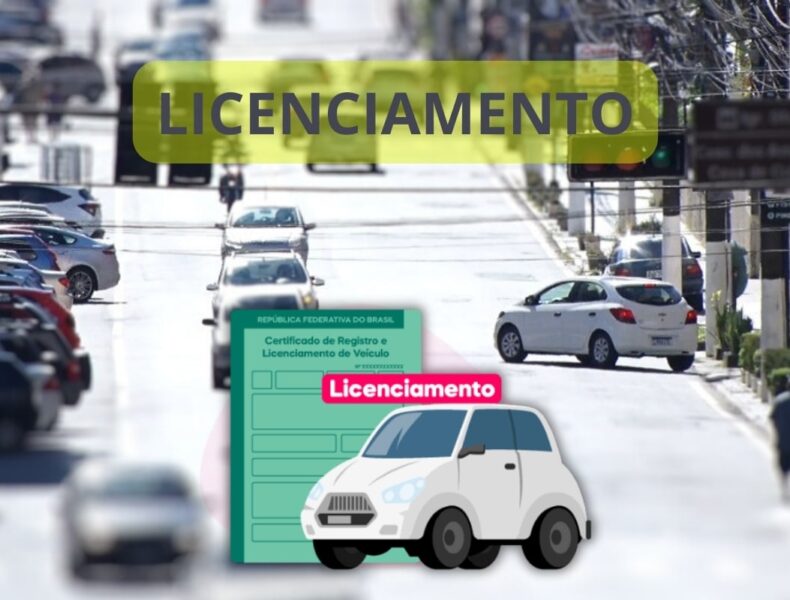 Rua com carros e imagem de licenciamento veicular.